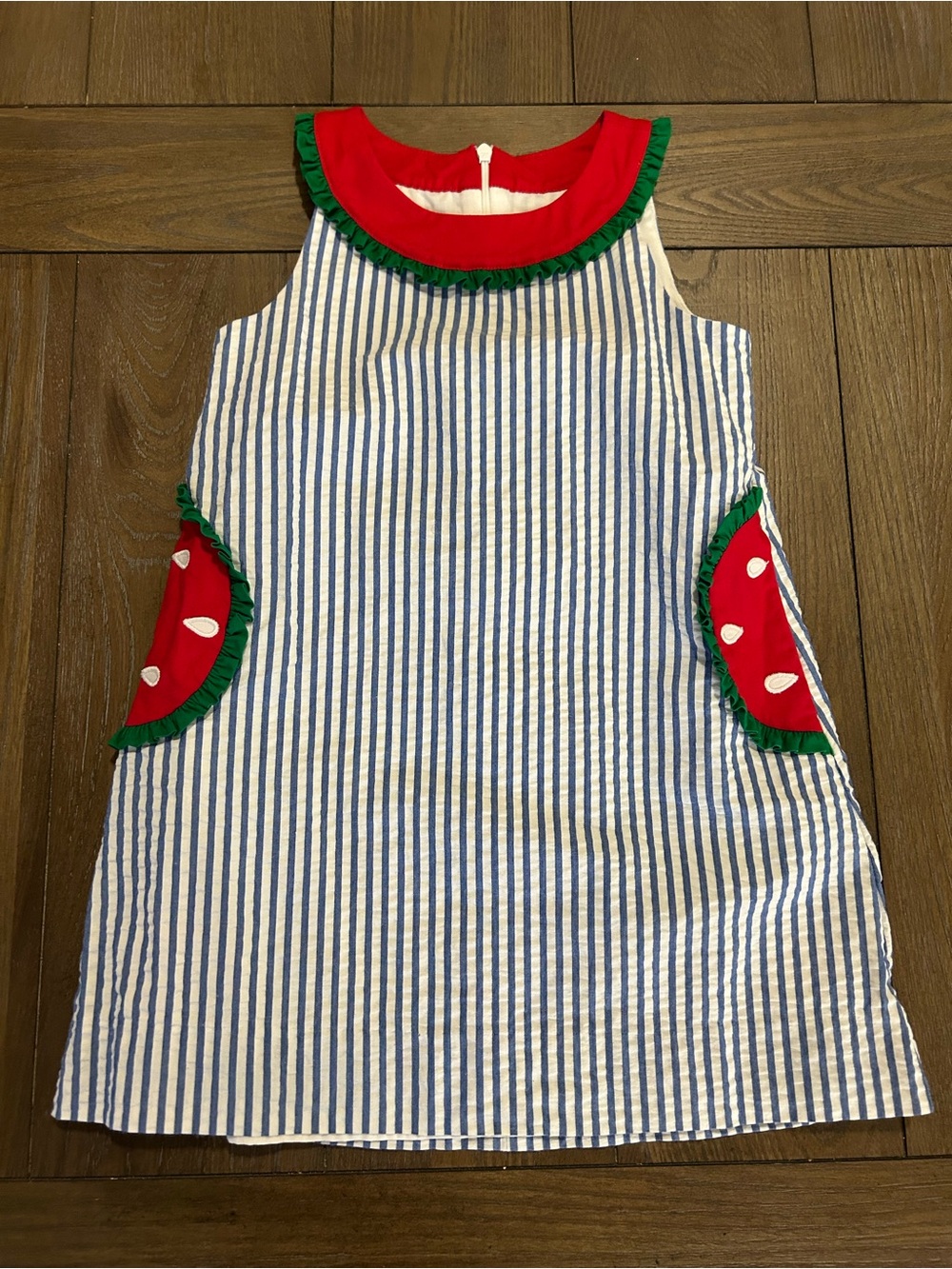 Florence Eiseman Blue & White Striped Cotton Dress with Red & Green Accents